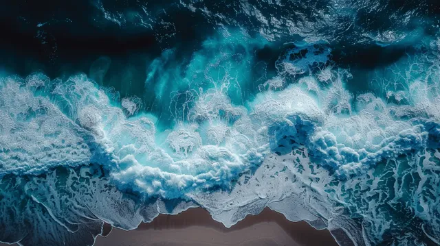 Aerial view of turquoise ocean waves breaking with white foam against deep blue water