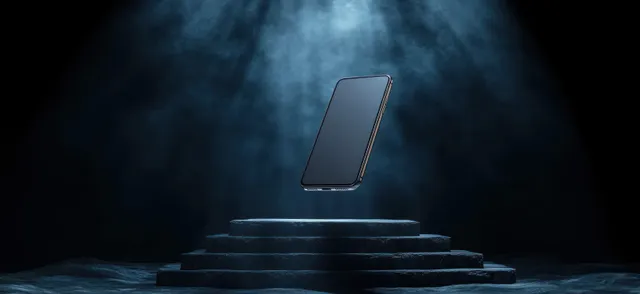 A modern smartphone hovers above a stone pedestal under a spotlight in a dark, smoky setting, showcasing futuristic tech aesthetics.