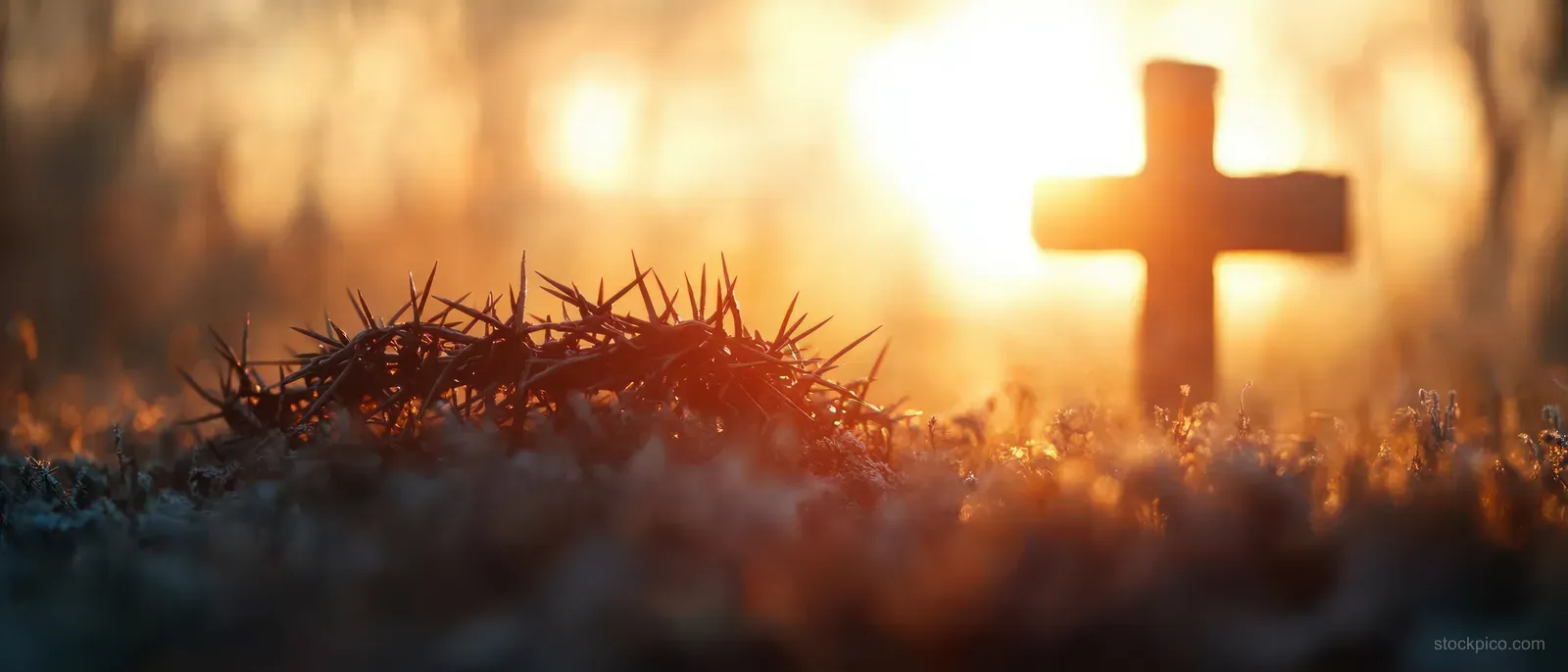 Crown of thorns lies on dry ground with a blurred glowing wooden cross in warm sunlight.