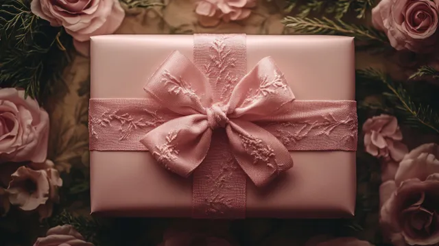 Pastel wrapped gift box with pink satin bow on floral rose background, top view