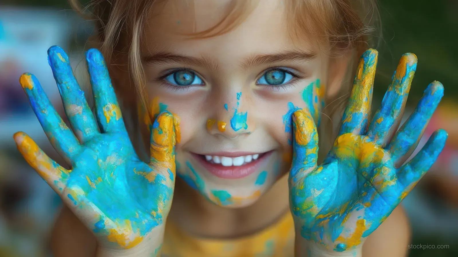Smiling child with blue and yellow paint on their hands and face looking at the camera.