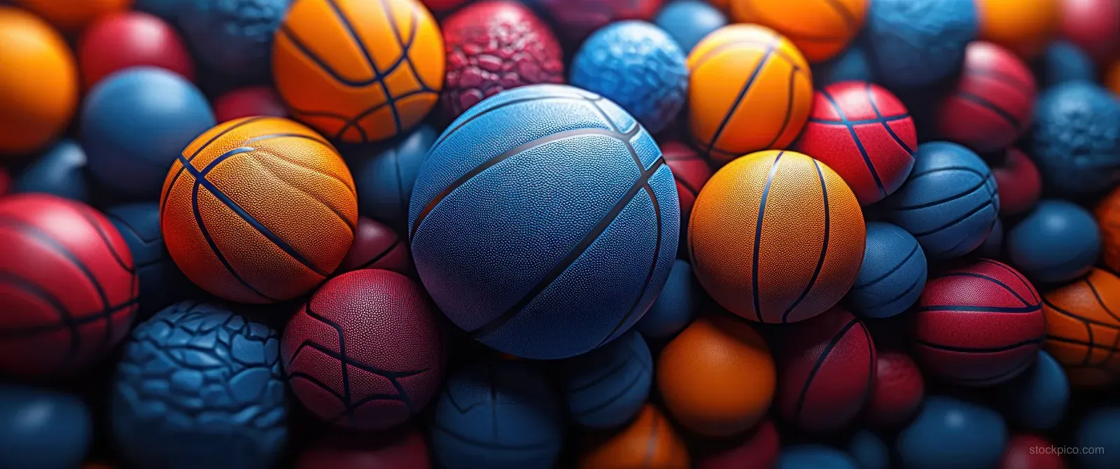 Basketballs with visible logo marks are scattered across a vibrant table under soft ambient light.
