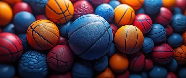 Basketballs with visible logo marks are scattered across a vibrant table under soft ambient light.
