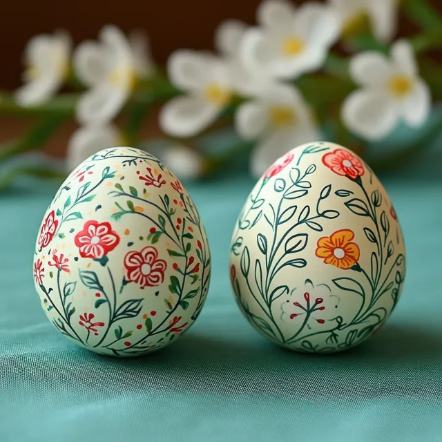 Two painted eggs with floral patterns sit on teal fabric with blurred white flowers in the background.