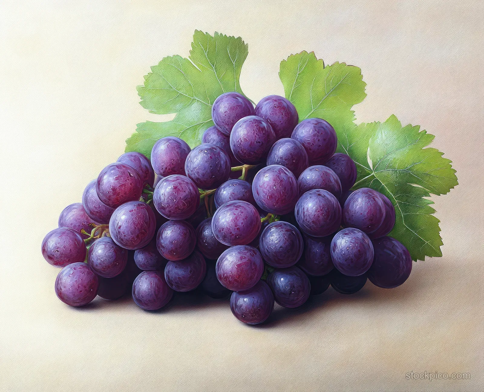 Ripe purple grapes with water droplets and green leaves arranged on a light background.