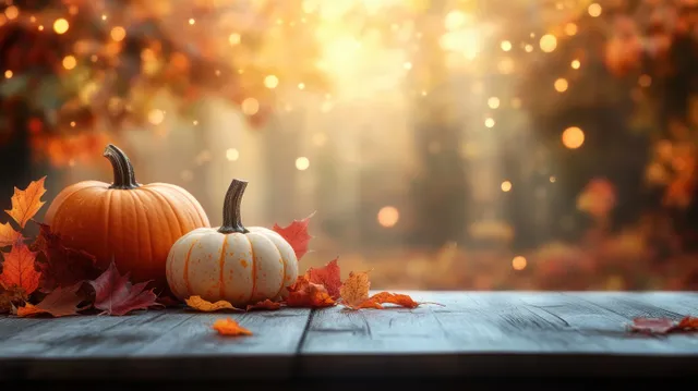 Autumn pumpkins and scattered leaves on rustic wooden table with glowing bokeh light