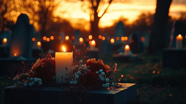 A lit candle and flowers rest on a gravestone as sunset candles glow softly in the cemetery background.