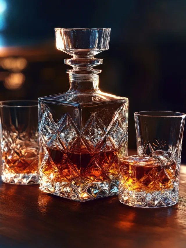 Cut crystal decanter with amber whiskey and two matching tumblers on a wooden surface under warm light.