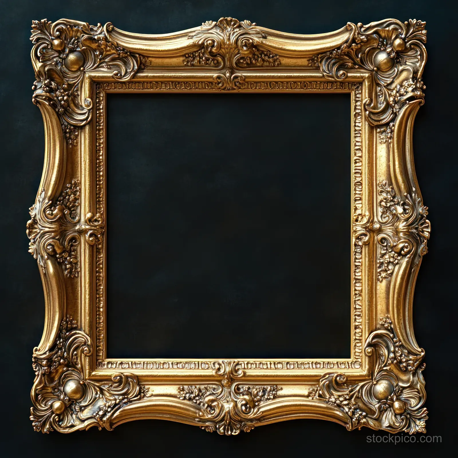 Close-up of an ornate square golden picture frame with floral scrollwork on a dark textured background.