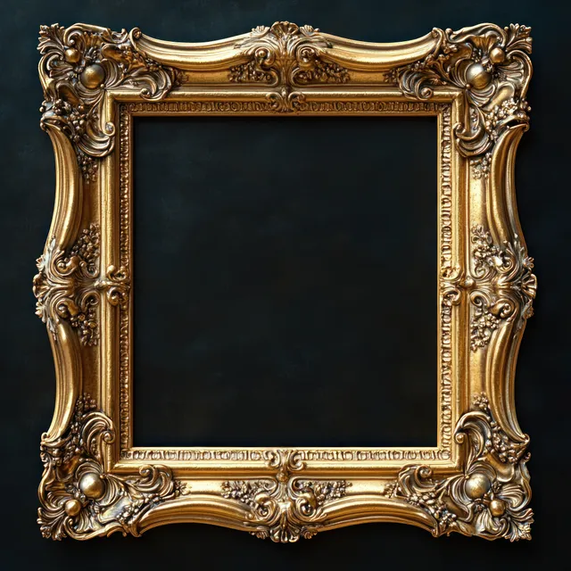 Close-up of an ornate square golden picture frame with floral scrollwork on a dark textured background.