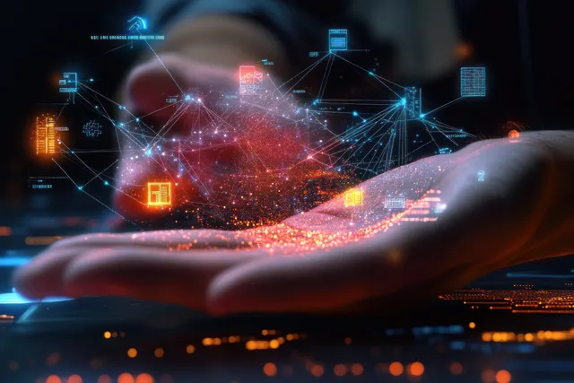 Human hand releasing glowing holographic network data, blue and orange connection lines in dark interface