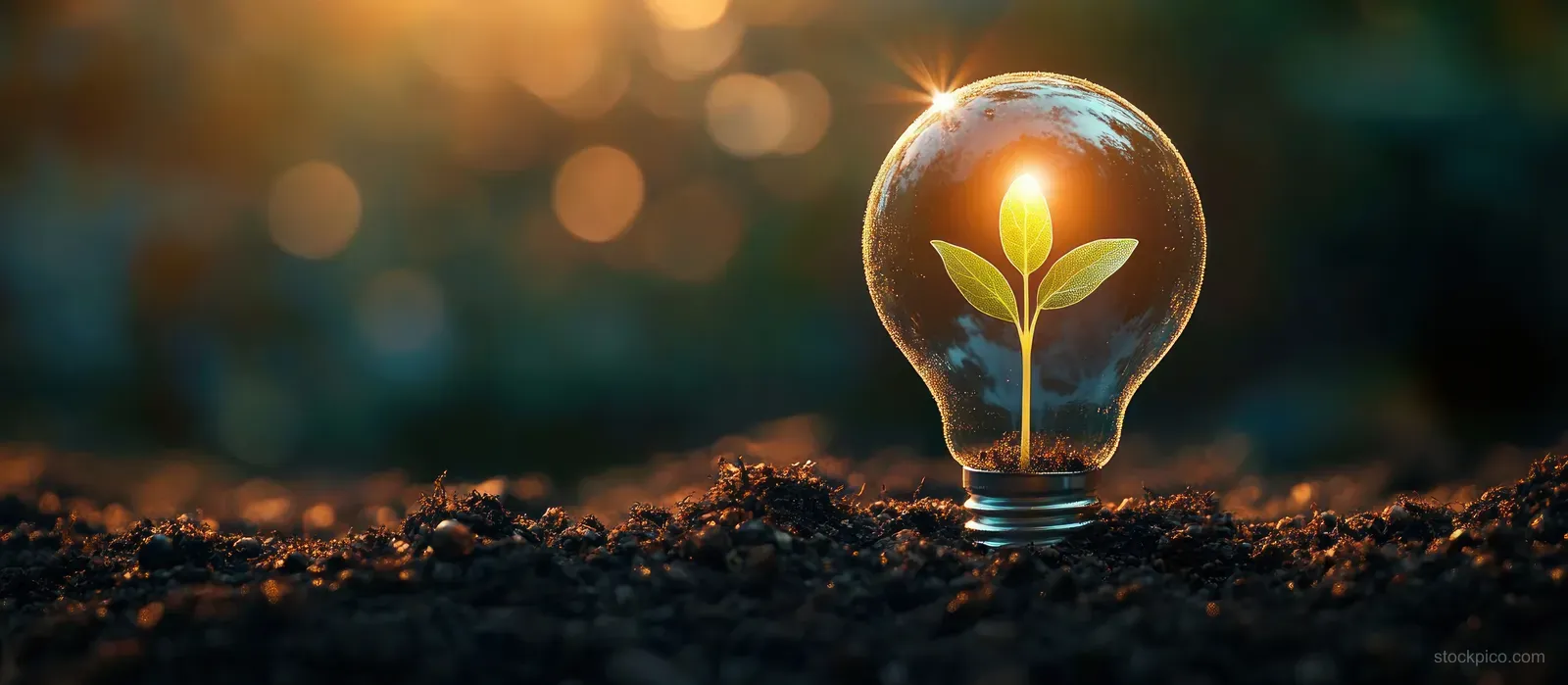 Glowing light bulb containing a young plant growing from soil with warm sunset bokeh behind it.