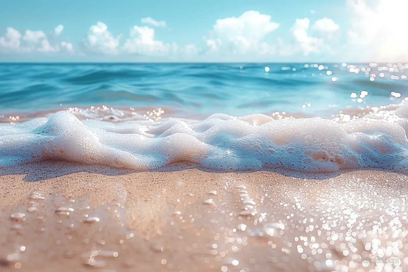 Foamy turquoise waves wash over a sandy beach beneath a bright blue summer sky.