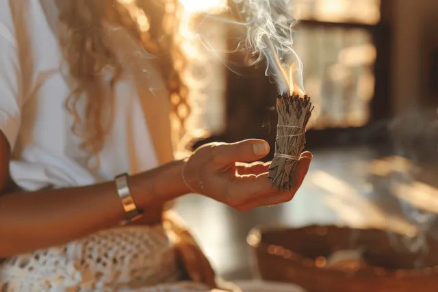 A woman holds a burning sage stick in a yoga studio while warm sunlight streams through a window behind her.
