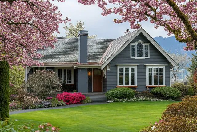 Gray cottage house with front porch and chimney surrounded by pink cherry blossoms and a green spring lawn.