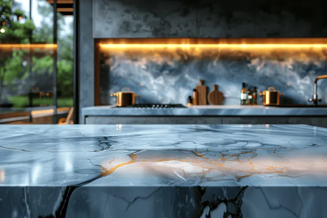 Close-up of a gold-veined marble kitchen island with warm ambient lights in the background.