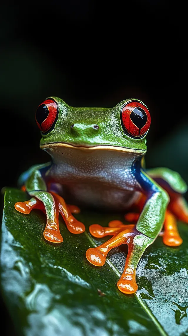 A red-eyed tree frog with green body and orange toes perches on a wet leaf in close-up.