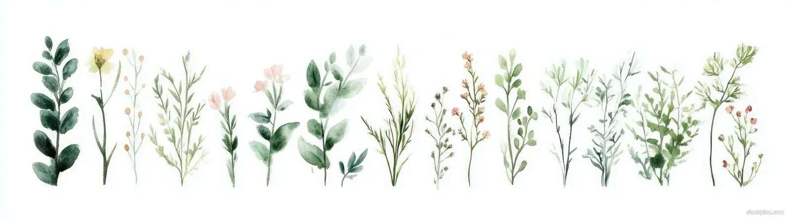 Watercolor green plants, herbs, and small berry sprigs arranged along a white background.