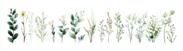 Watercolor green plants, herbs, and small berry sprigs arranged along a white background.