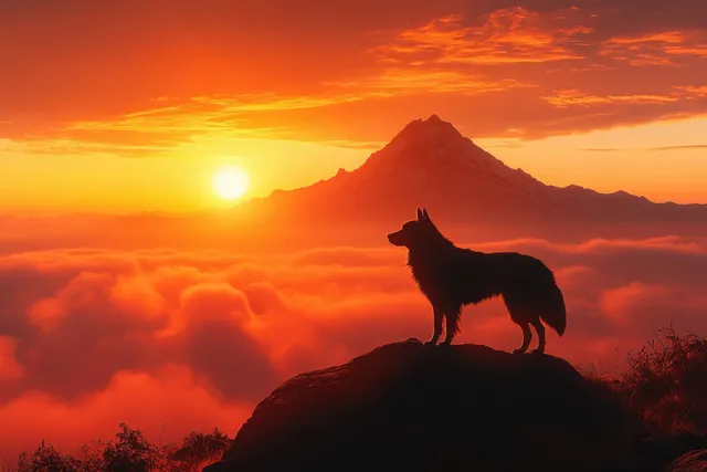Silhouette dog on a rocky peak during sunset with a distant mountain and glowing orange sky.