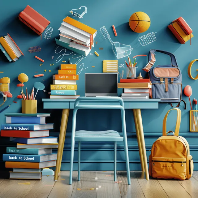 School desk with books laptop and backpack on blue classroom wall, 3D illustration