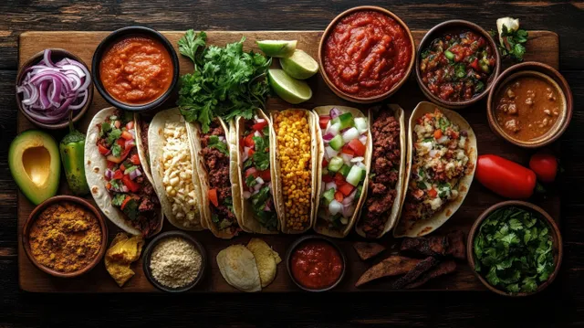 Assorted tacos with sauces, avocado, and lime on a rustic wooden board