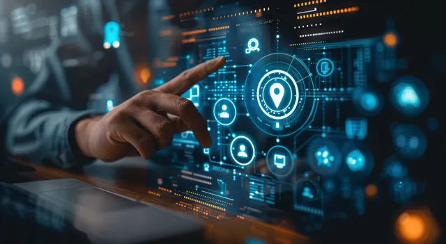 Finance professional pointing at digital identity verification interface on touchscreen security screen
