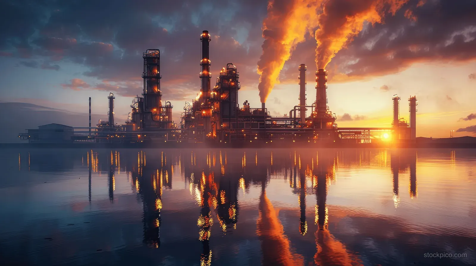 Oil refinery chimneys and towers reflected in calm water at sunrise.