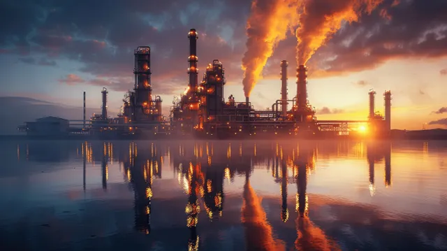 Oil refinery chimneys and towers reflected in calm water at sunrise.