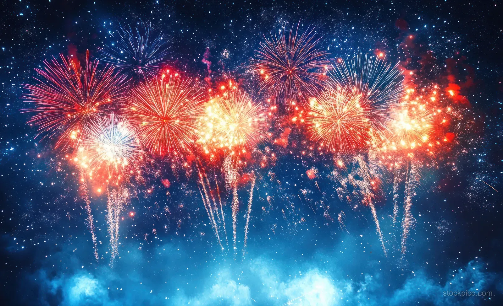 Colorful fireworks explode against a starry blue night sky with sparkling bokeh lights.