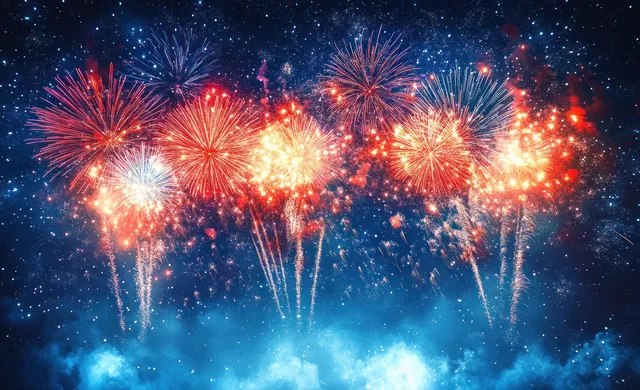 Colorful fireworks explode against a starry blue night sky with sparkling bokeh lights.