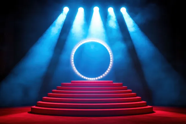 Empty red stepped stage illuminated by five blue spotlights and a glowing circular light ring in a dark scene.