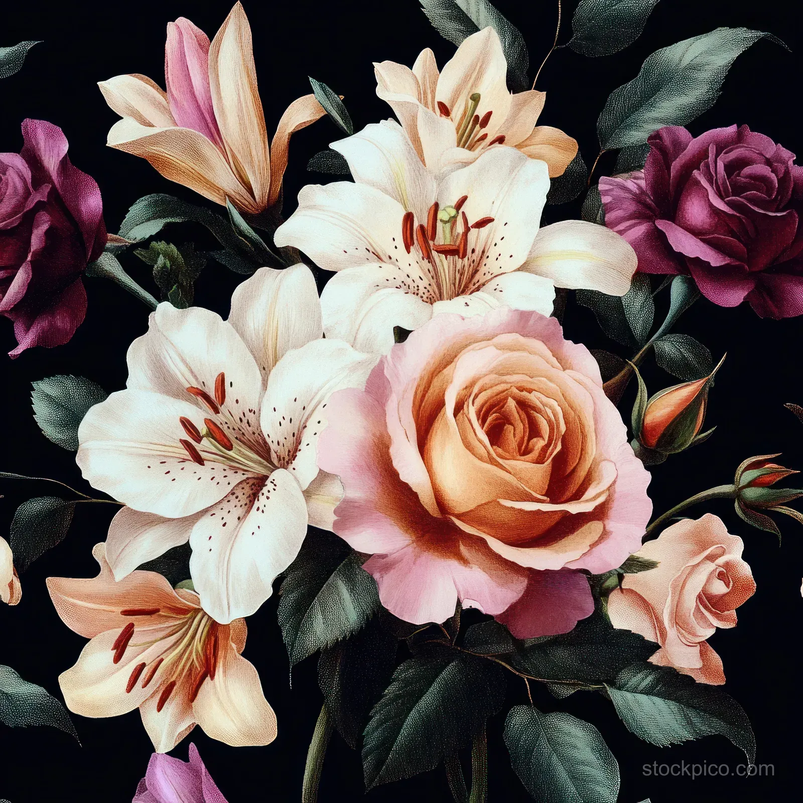 Pastel roses and lilies with dark green leaves arranged as a vintage botanical bouquet on a black background.
