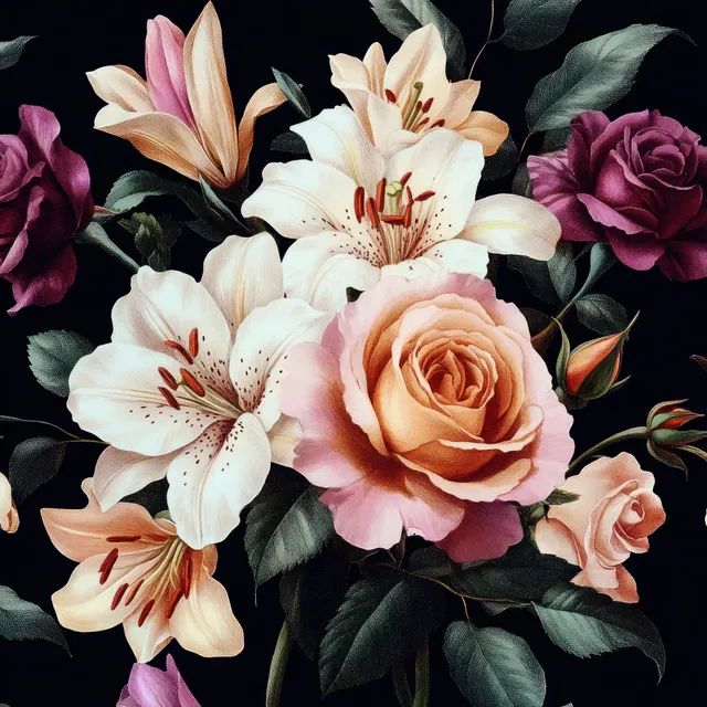 Pastel roses and lilies with dark green leaves arranged as a vintage botanical bouquet on a black background.