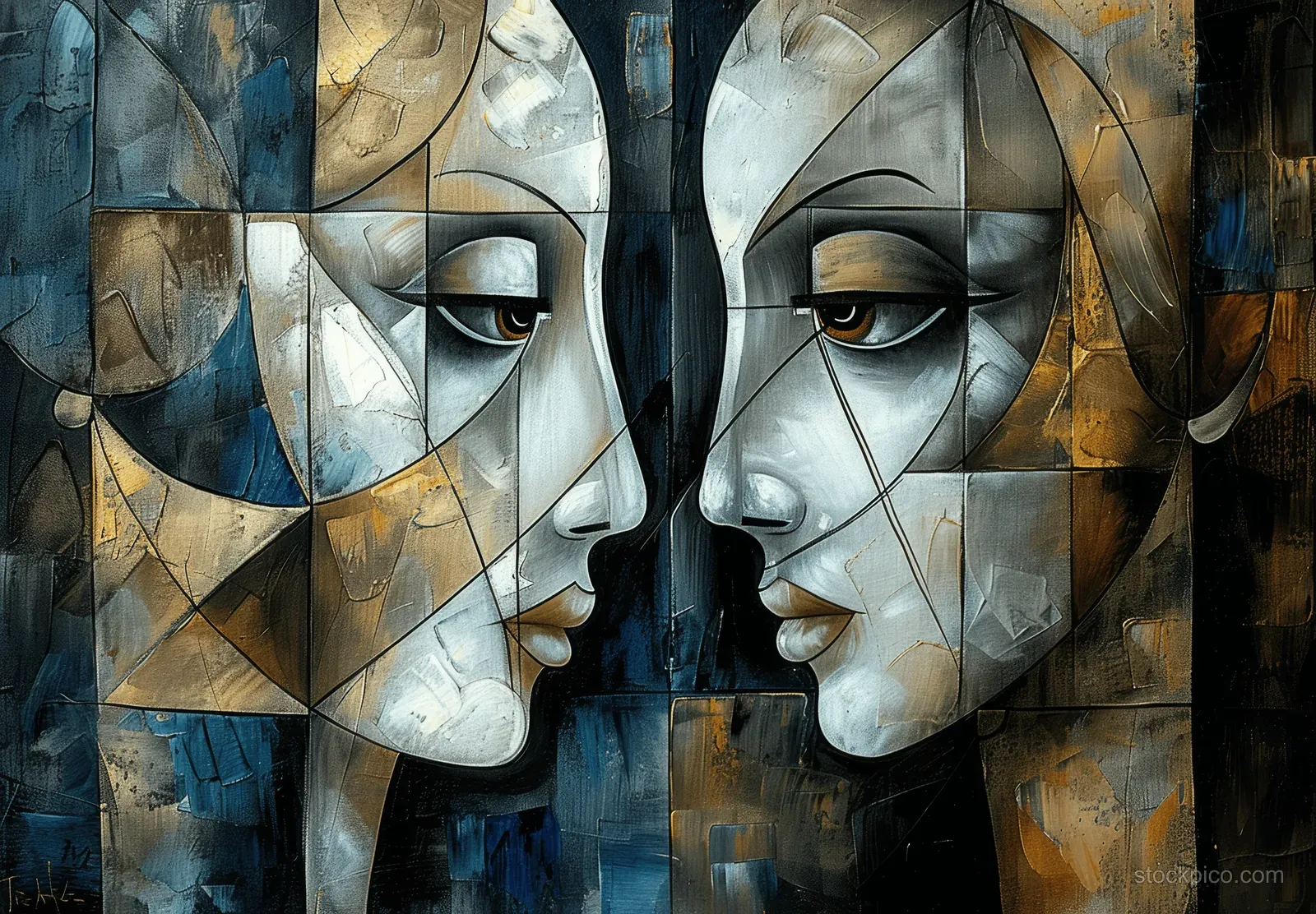 Two cubist profile faces facing each other with intersecting geometric shapes in blue, gray, and bronze on canvas.
