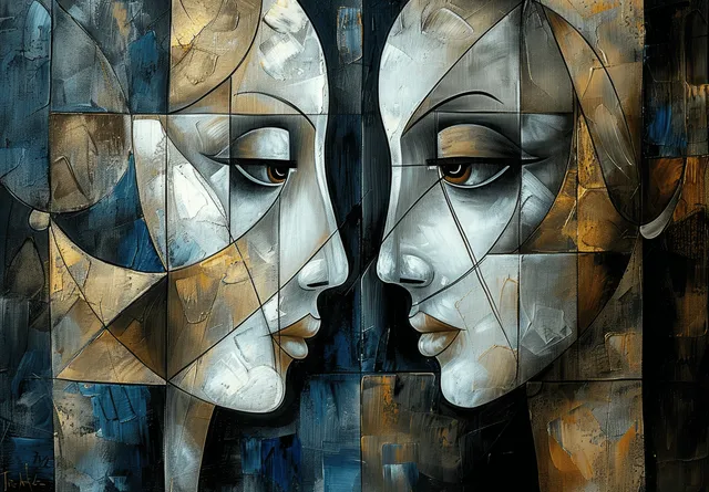 Two cubist profile faces facing each other with intersecting geometric shapes in blue, gray, and bronze on canvas.