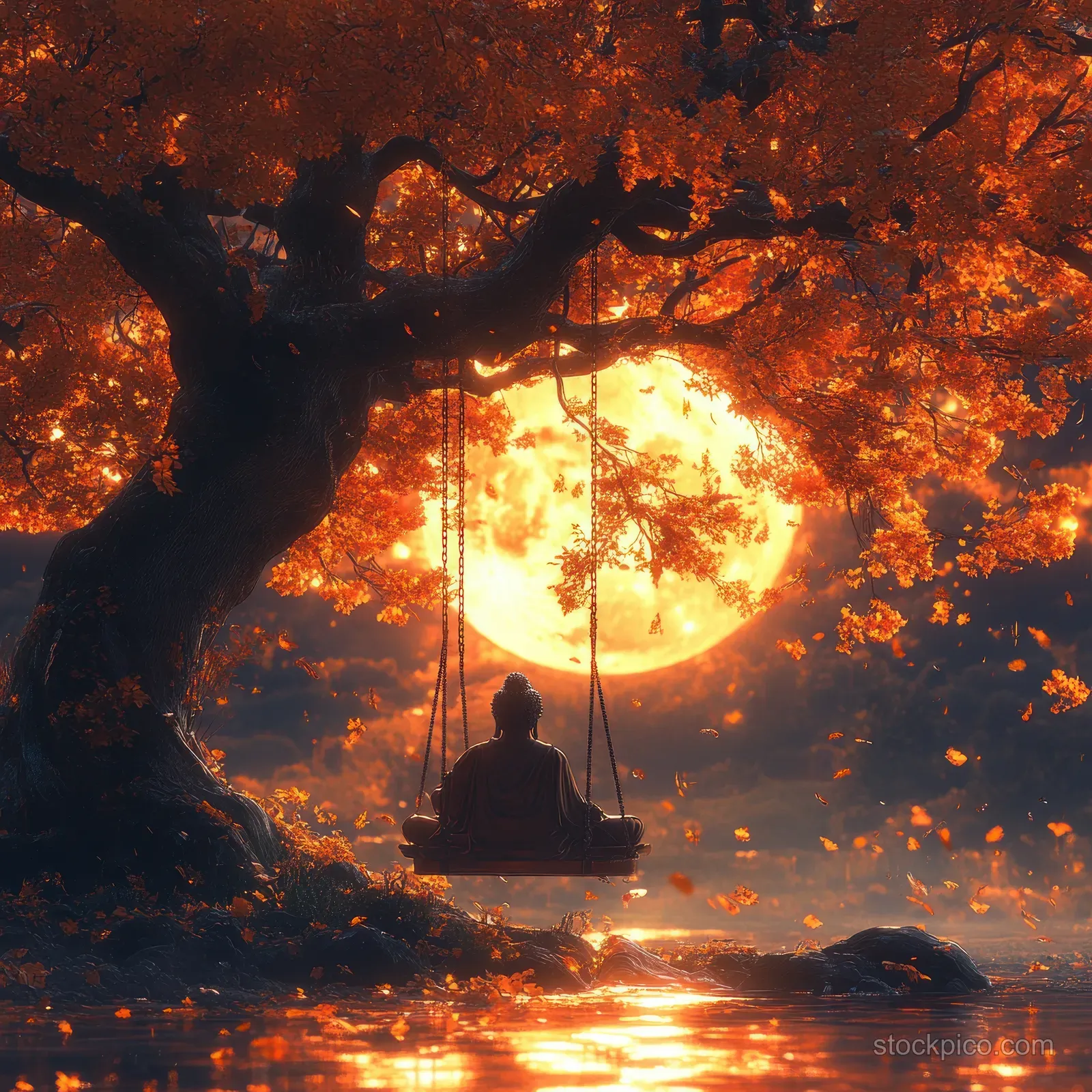Silhouette of Buddha sitting on a swing beneath a moonlit tree with falling autumn leaves and glowing reflection.