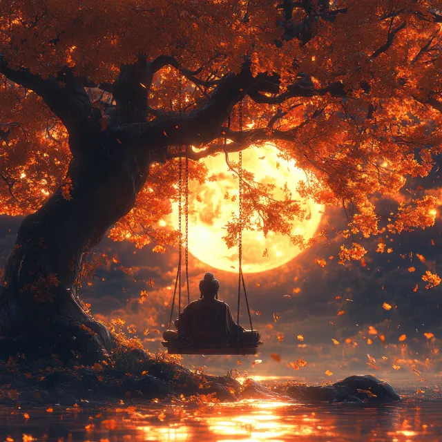 Silhouette of Buddha sitting on a swing beneath a moonlit tree with falling autumn leaves and glowing reflection.