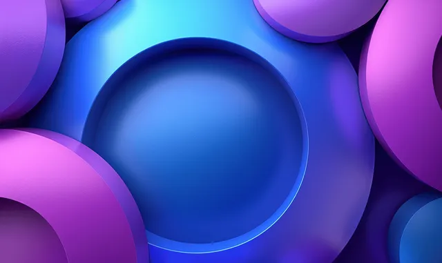 Blue circular ring surrounded by layered purple spheres over a smooth gradient abstract background.