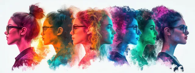 Colorful head silhouettes of diverse people with distinct profiles appear in a row on a white background.