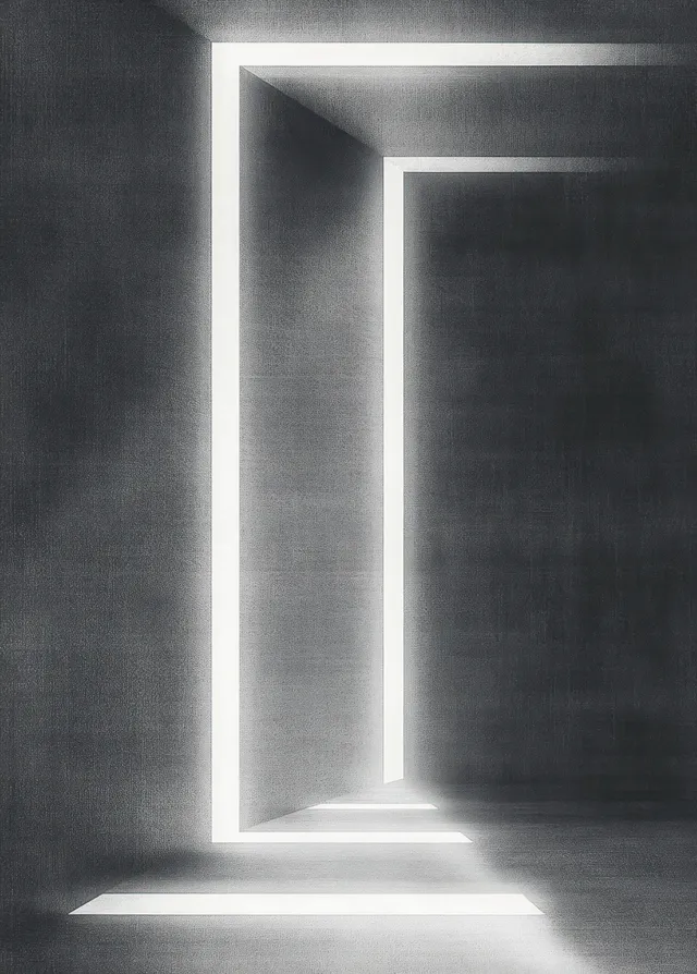 An open doorway in a monochrome room projects long rectangular light beams over empty floors.
