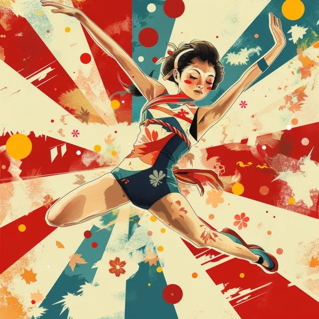 Cartoon-style Japanese gymnast performs an energetic leap pose amid colorful cherry blossom confetti burst.