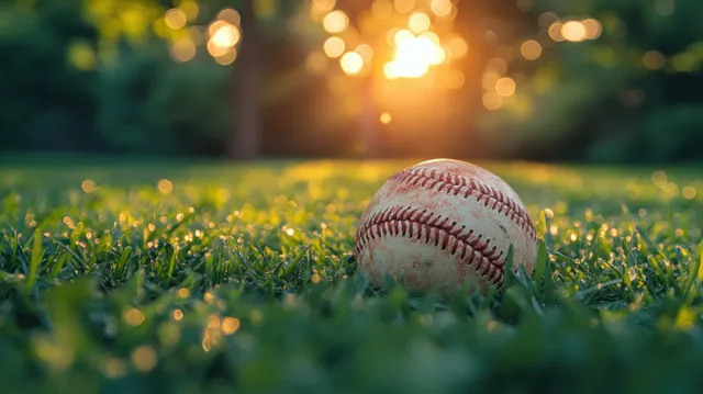 Weathered baseball resting on green grass with golden-hour bokeh lights softly blurred behind it.