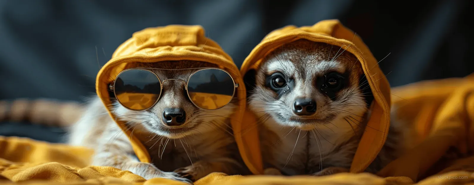 Two meerkats in yellow hoodies and sunglasses pose together on a blanket.