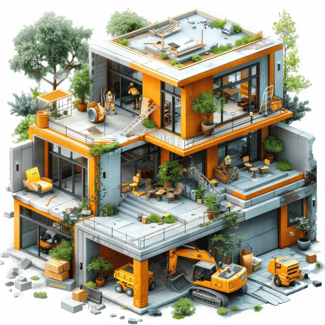 Isometric construction workers and excavator activity around a modern house with scaffolding, concrete slabs, and stacked materials.