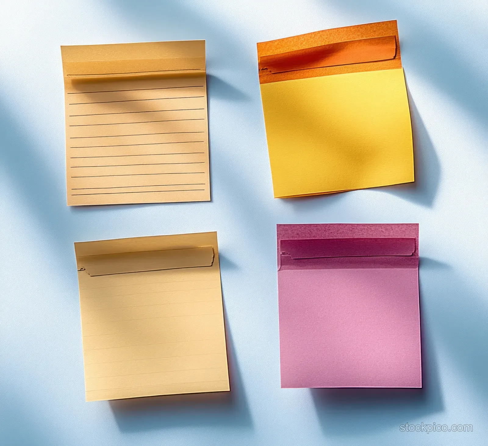 Square grid of yellow and pink sticky notes on light blue paper with soft shadows and paper texture.