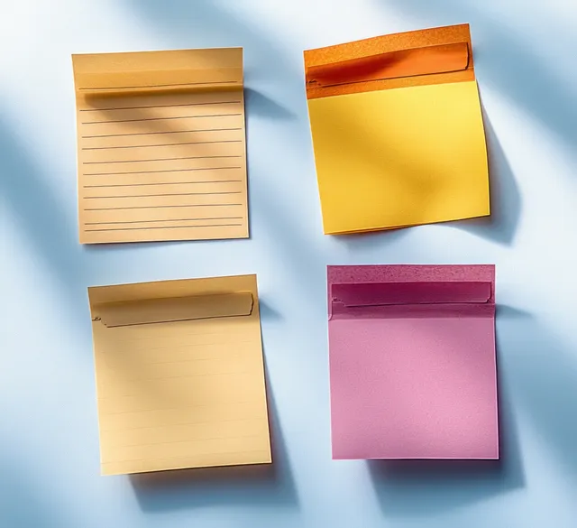 Minimalist sticky notes arranged in squares on light blue paper with soft shadows