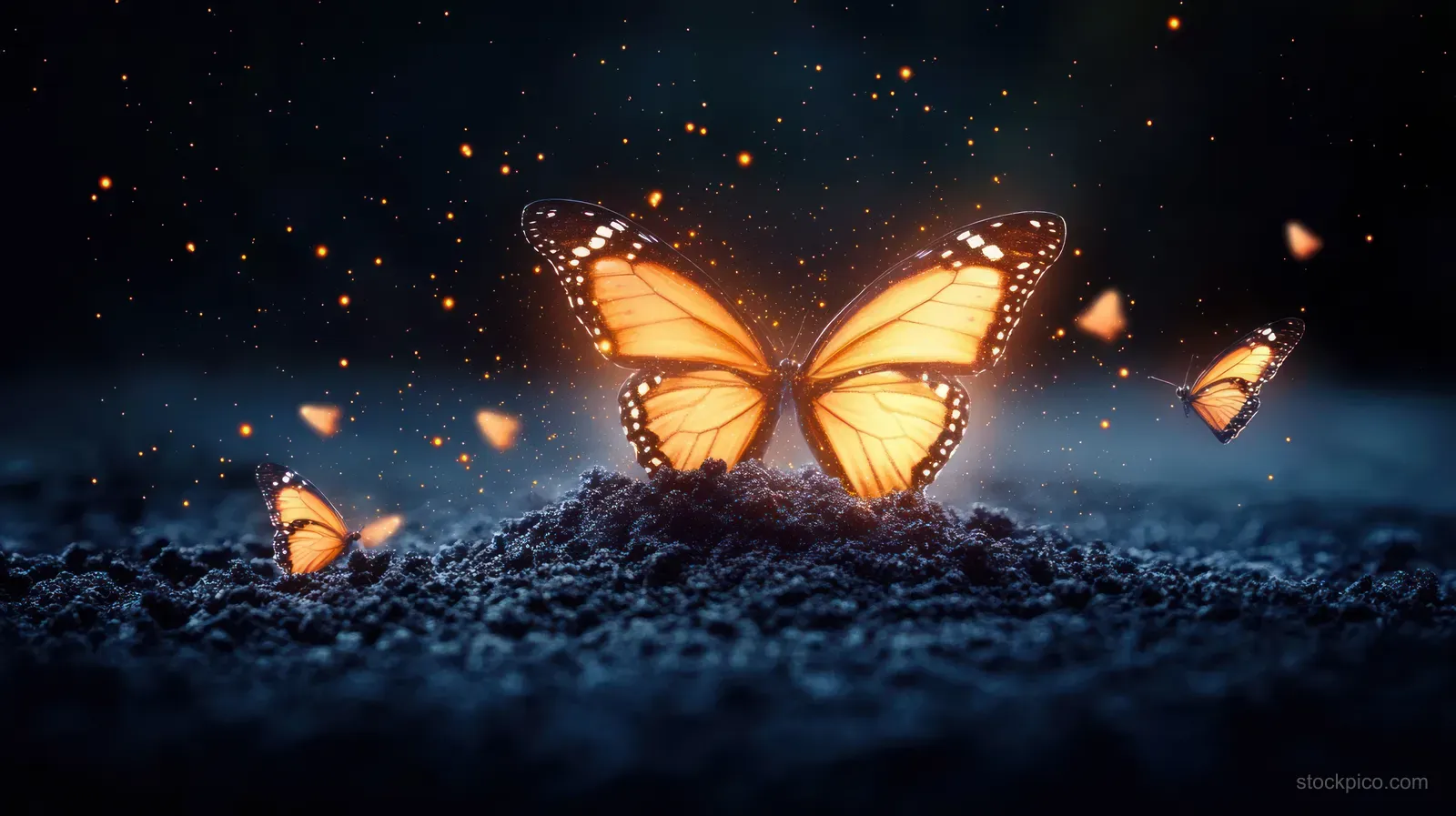 Glowing orange butterflies hover and rest on dark textured soil as small sparkling particles drift in a night scene.