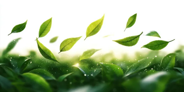 Green leaves float above lush foliage with sunbeams and sparkling water droplets on leaf surfaces.
