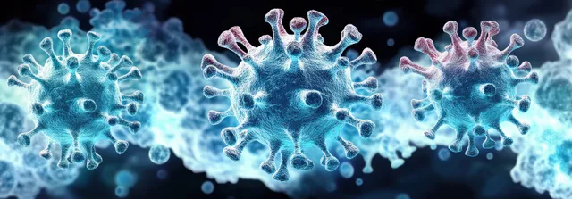 Neon blue coronavirus particles drifting in dark abstract space